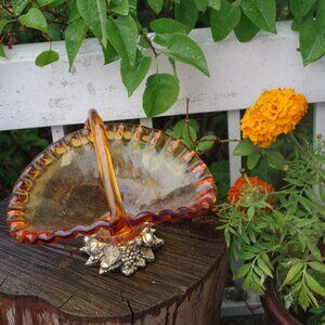 Vintage Basket Orange White Crystal  Glass Made In Italy